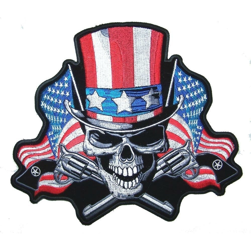 JUMBO 10 IN UNCLE SAM SKULL X BONES FLAGS USA HAT JACKET BACK PATCH JBP81 Image 1