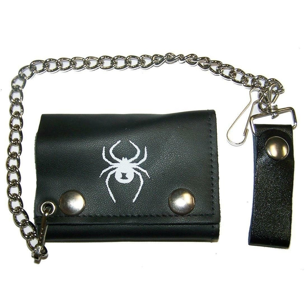 WHITE WIDOW SPIDER TRIFOLD BIKER WALLET W CHAIN mens LEATHER 604 Spiders Image 1