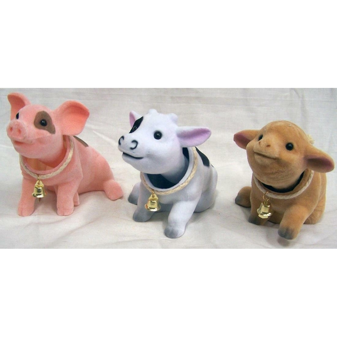 3 ASSORTED BOBBLE HEAD FARM ANIMALS pig cow lamb novelty bouncing animal toys Image 1