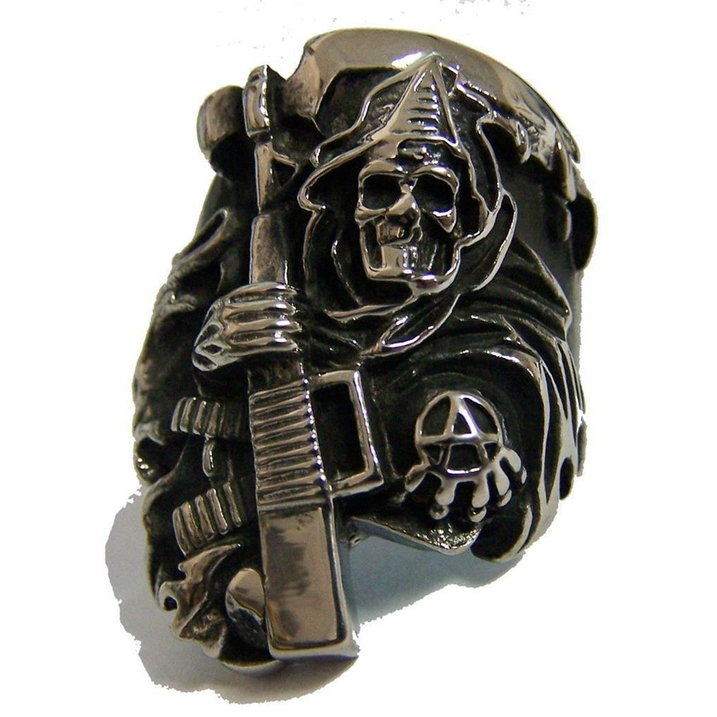 ANARCHY GRIM REAPER W MACHINE GUN STAINLESS STEEL RING size 7 - S-535 biker Image 1