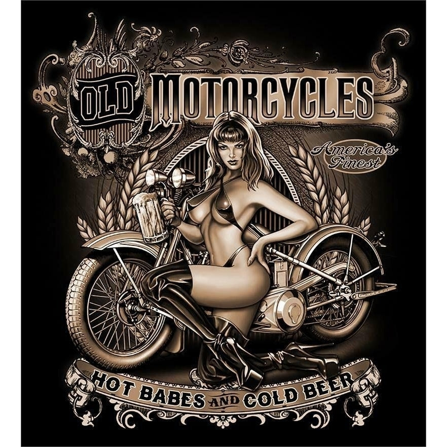 OLD MOTORCYCLES HOT BABES COLD BEER BLACK TEE SHIRT SIZE L adult T307 biker Image 1