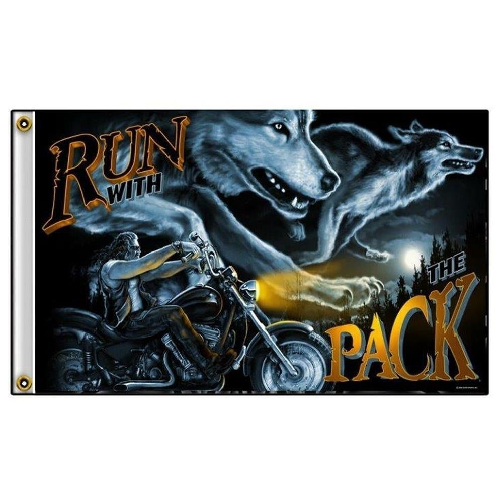 RUN WITH THE PACK 416 WOLF FLAG 3 x 5 - 3x5 BANNER motorcycle biker wolves Image 1