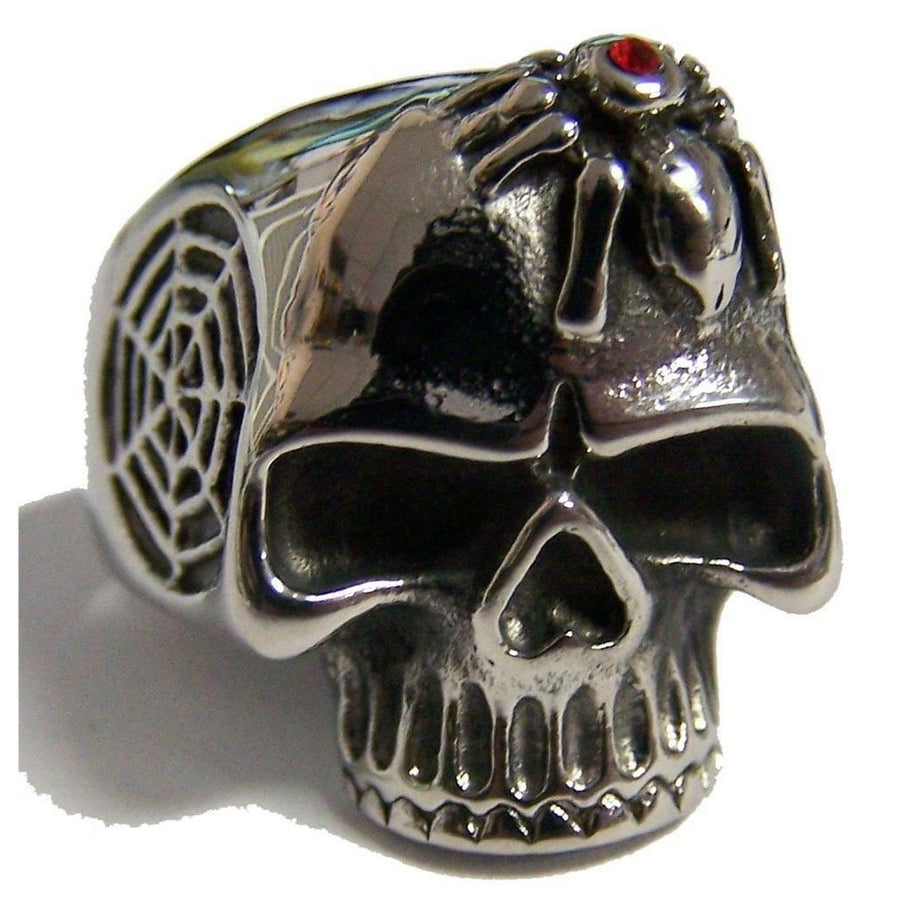 SKULL HEAD WITH SPIDER AND WEB STAINLESS STEEL RING size 7 - S-538 biker MENS Image 1