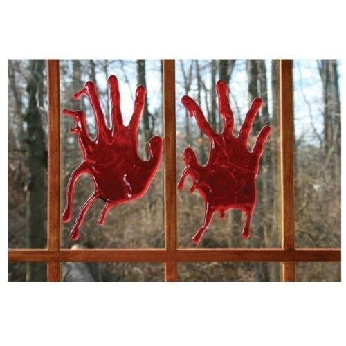 2 PAIR OF REALISTIC 3D BLOODY HAND PRINTS creepy Halloween prop fake blood joke Image 1