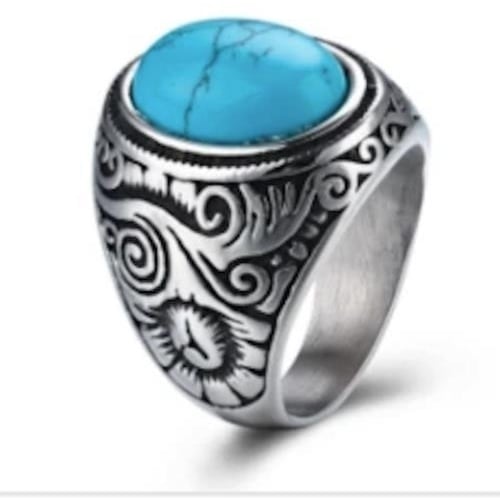 TURQUOISE STONE STAINLESS STEEL RING add size to note BRX011 blue vintage Image 1