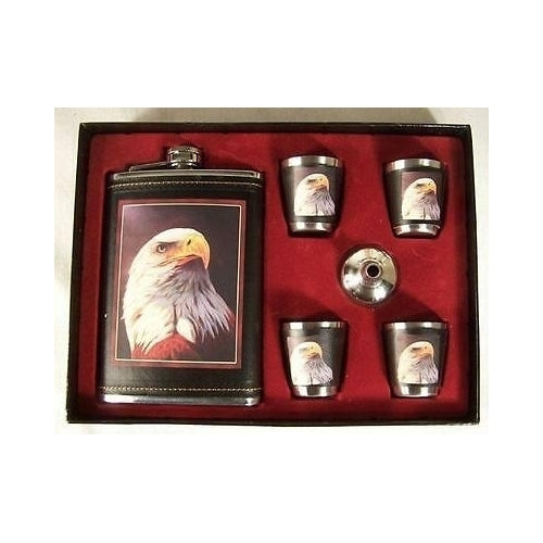 EAGLE HEAD FLASK GIFT SET four shot glasses funnel DRINKING HIP whisky LIQUOR Image 1