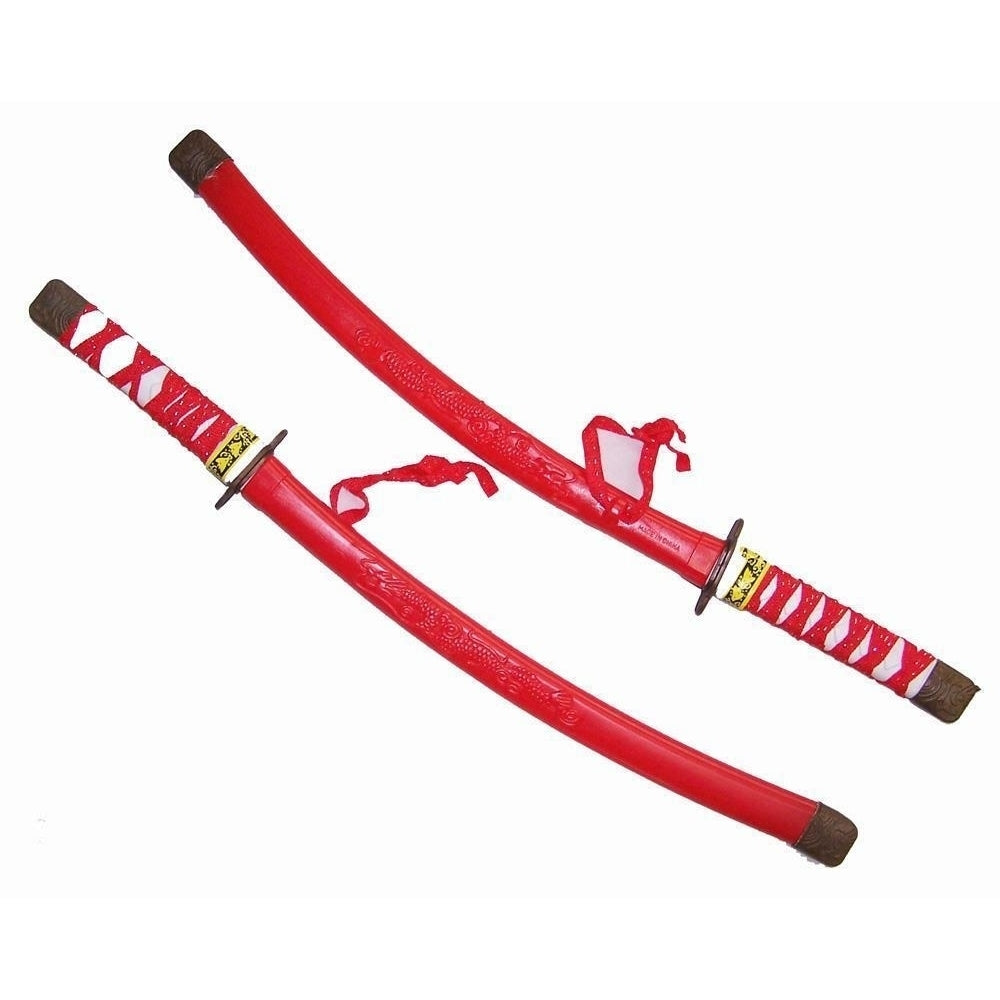 2 RED PLASTIC DRAGON NINJA SWORDS play toy sword ninga items costume W CASE Image 1