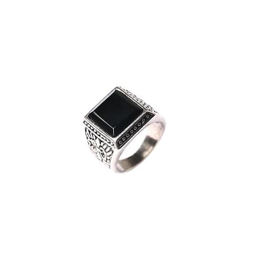 Square black engraved real stone sterling plated ring BRX028 vintage style jewel Image 1