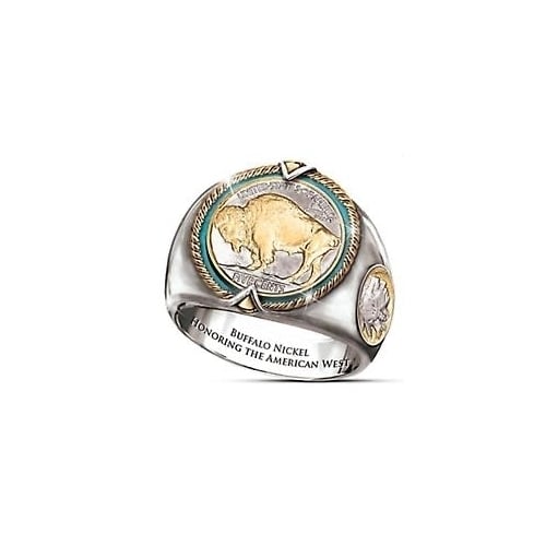 Buffalo Nickel with turquoise honoring native metal ring BRX029 coin american Image 1