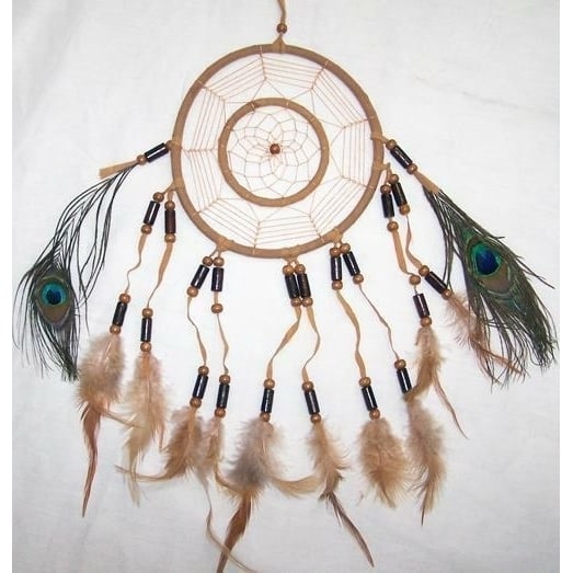 LARGE 14 INCH BROWN DREAM CATCHER W REAL PEACOCK FEATHERS wood beads Image 1