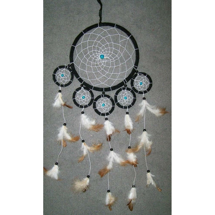 TURQUOISE BEADS 22 INCH BLACK WRAPPED DREAM CATCHER real feather wal hanging Image 1