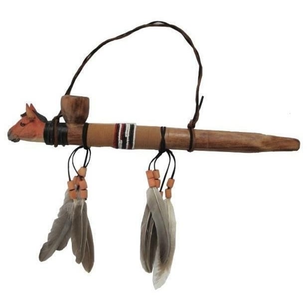 WOODEN HORSE PEACE PIPE W FEATHERS beads wall decoration wild animal wood Image 1