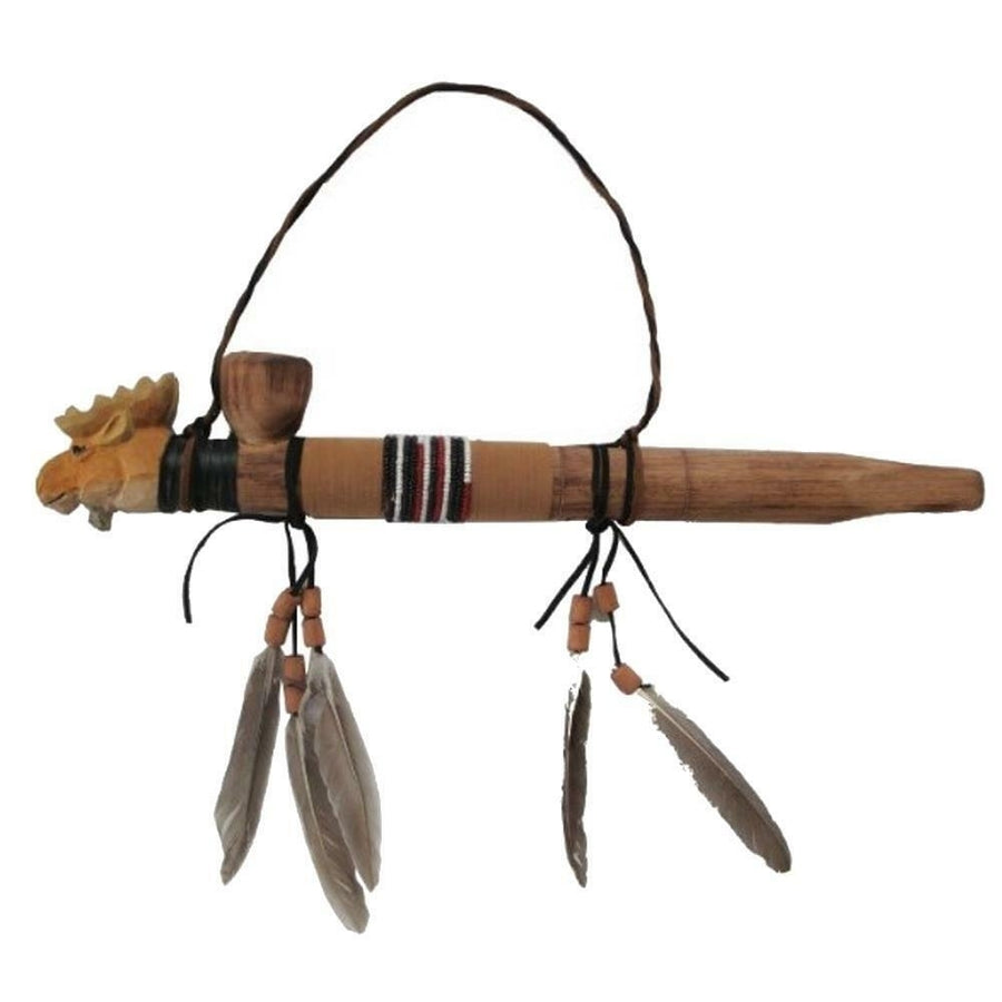 WOODEN MOOSE PEACE PIPE W FEATHERS beads wall decoration wild animal wood Image 1