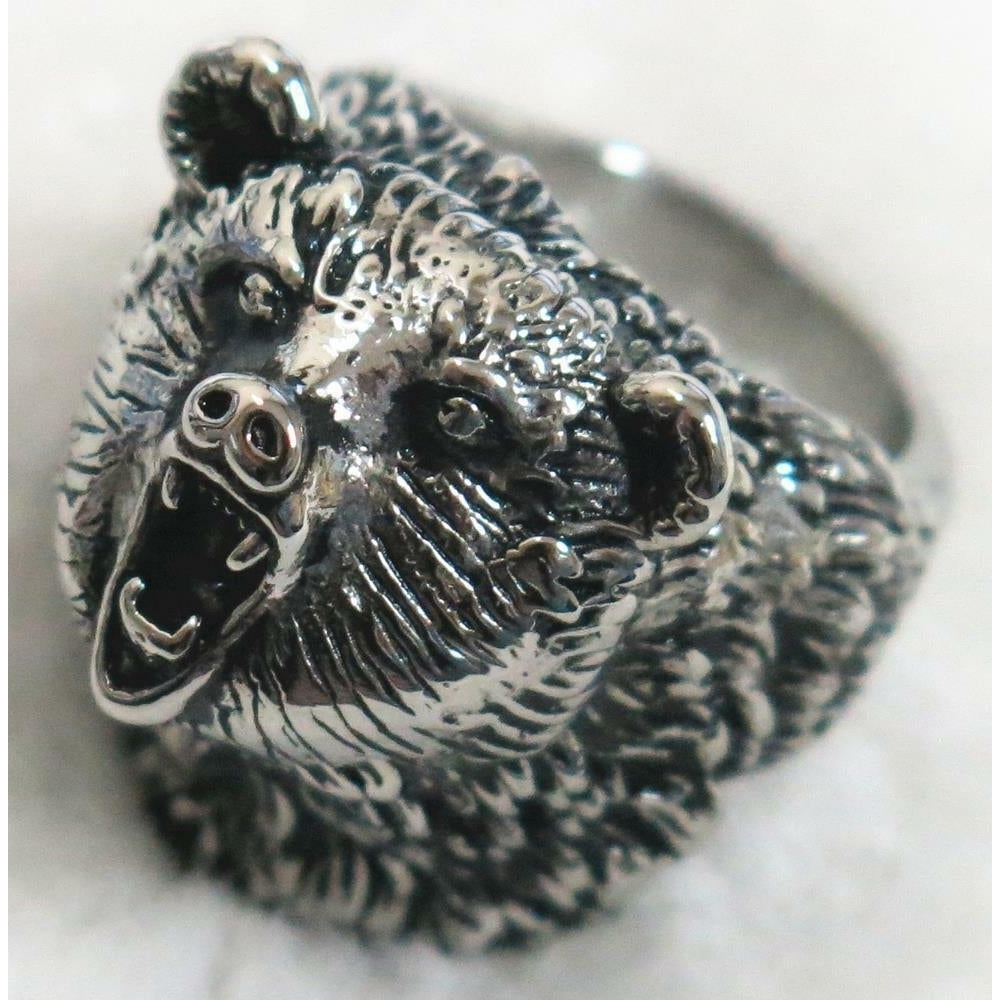 WILD BEAR STAINLESS STEEL RING size 7 silver metal S-506 bears head w teeth Image 1