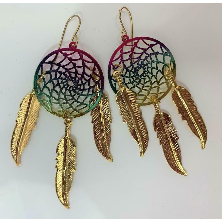 1 PAIR OF 3 INCH METAL DREAM CATCHER RAINBOW DANGLE EARRINGS WITH FEATHERS Image 1