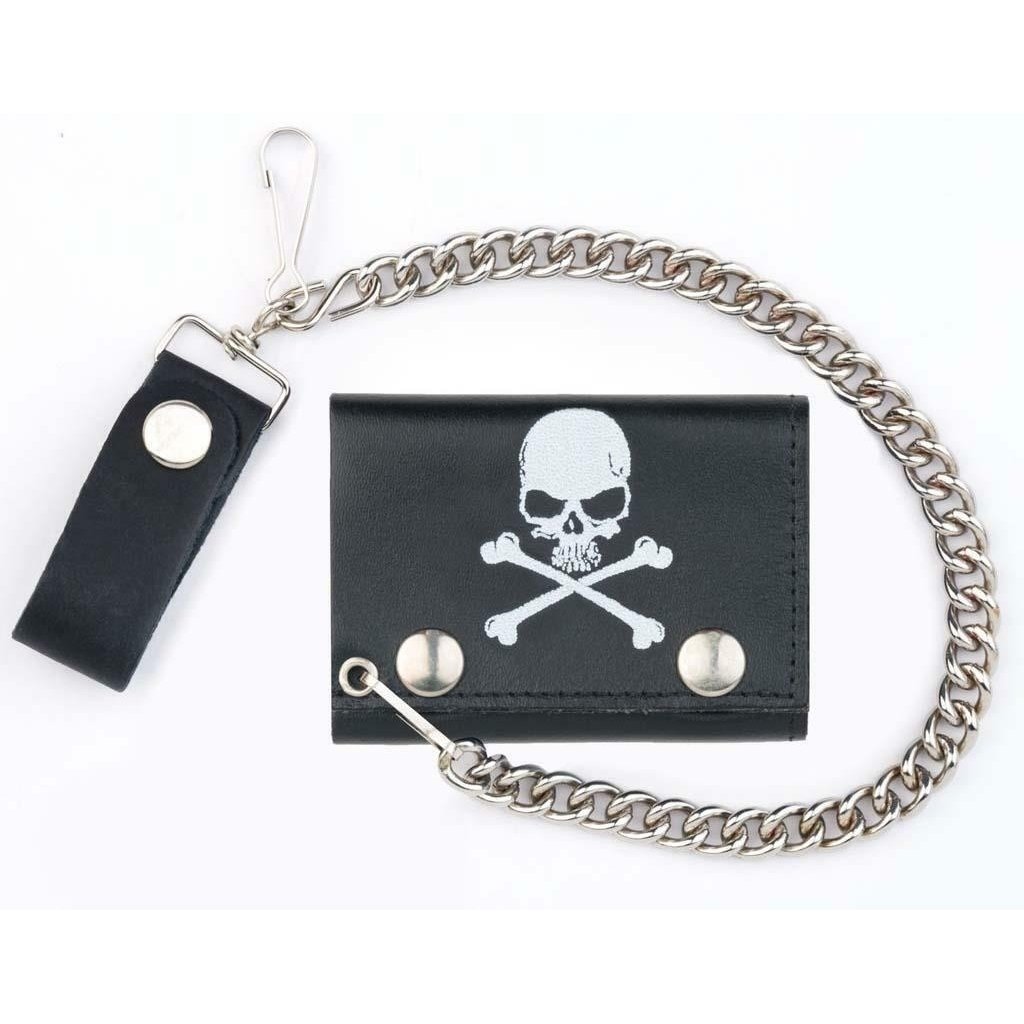 SKULL AND CROSS BONES TRIFOLD MOTORCYCLE BIKER WALLET W CHAIN mens 532 wallets Image 1