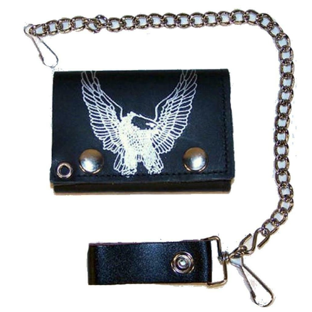 EAGLE WINGS UP TRIFOLD BIKER WALLET WITH CHAIN mens LEATHER 529 TRI-FOLD Image 1