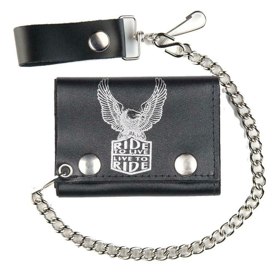 RIDE TO LIVE EAGLE WINGS UP TRIFOLD BIKER WALLET W CHAIN mens LEATHER #569 NEW Image 1