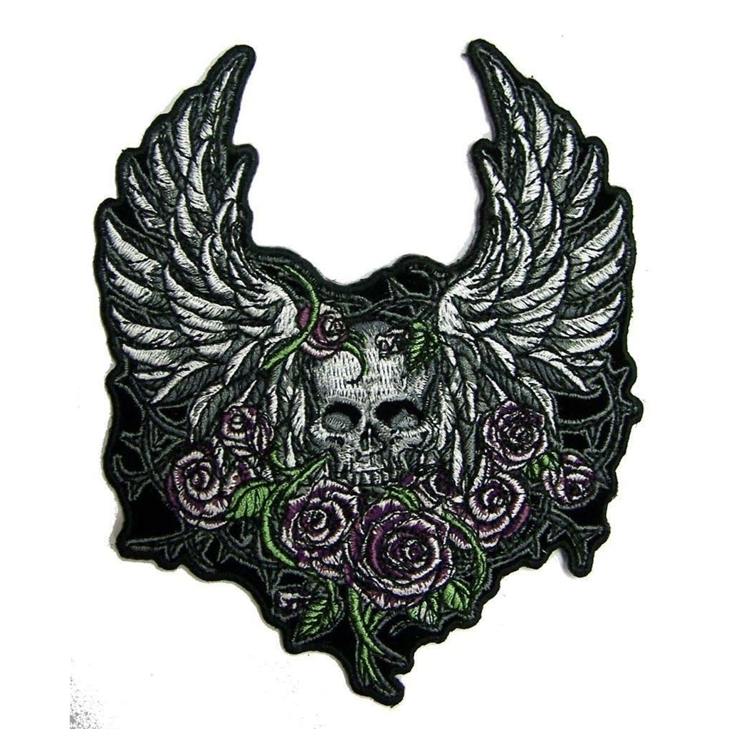 SKULL IN VINES AND ROSES PATCH 9253 EMBROIDERED 5 INCH BIKER WING patches Image 1