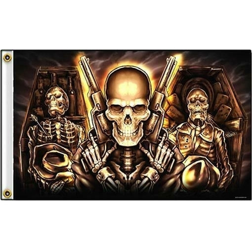 DELUXE DUEL PISTOLS GUNS SKELETONS wall HANGING 539 BIKER 3x5 flags COFFIN Image 1