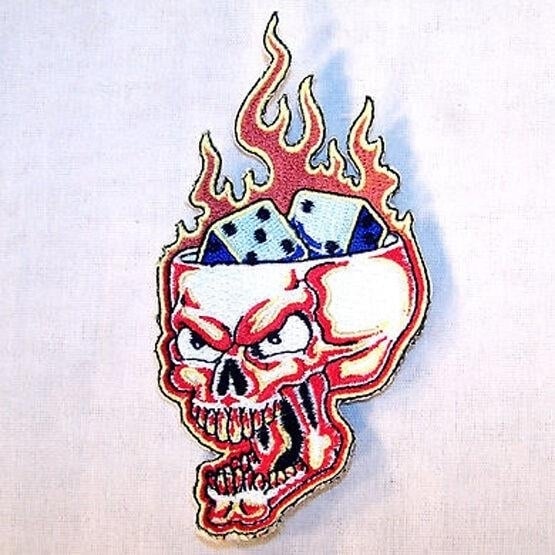 6 OPEN SKULL HEAD W DICE EMB PATCH sew or iron P-350 flames flaming biker Image 1