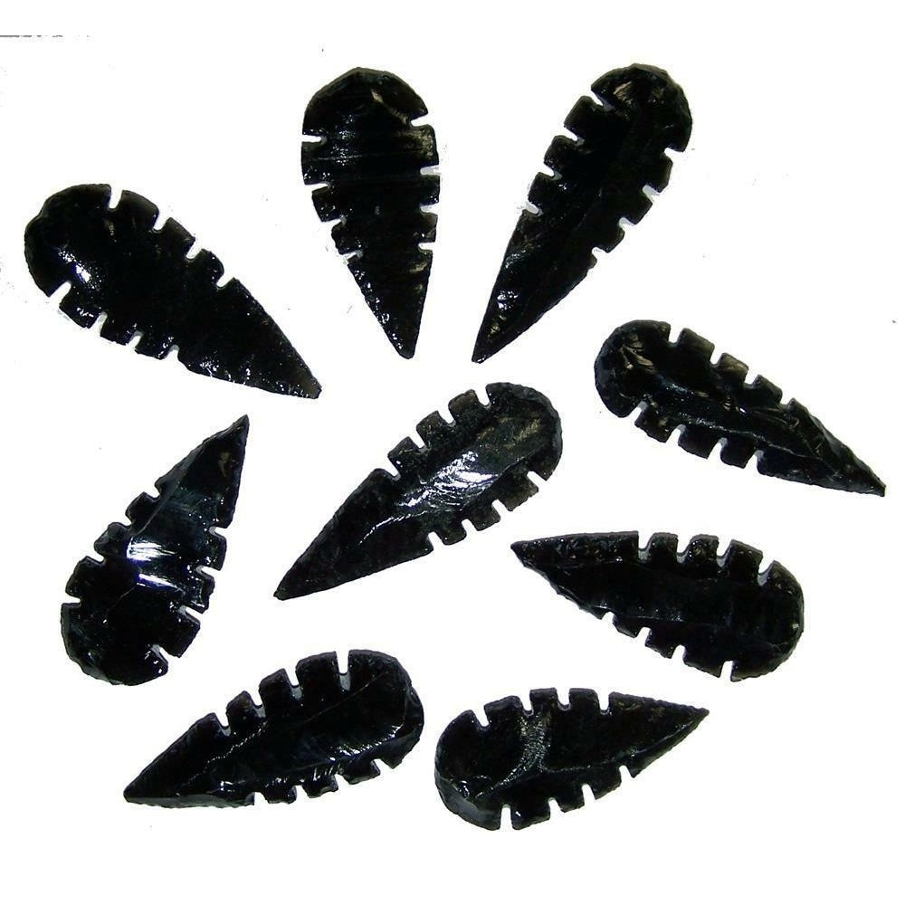 12 PC SERRATED BLACK OBSIDIAN STONE LARGE 2 / 3 IN ARROWHEADS wholesale bulk lot Image 1