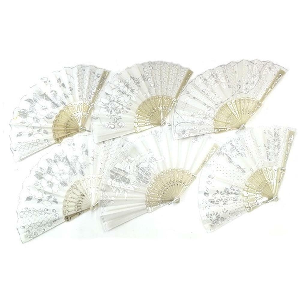 6 WHITE WEDDING FABRIC LACE HELD HAND FANS novelty 9 inch fan BRIDE accessories Image 1