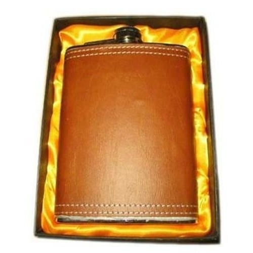 LARGE 8 OZ BROWN LEATHER WRAPPED FLASK IN GIFT BOX bar hip stainless steel Image 1