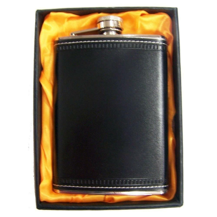 LARGE 8 OZ BLACK LEATHER WRAPPED FLASK IN GIFT BOX bar hip stainless steel Image 1
