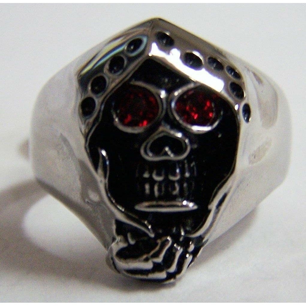 GRIM REAPER RED CRYSTAL EYES STAINLESS STEEL RING size 13 silver metal S-519 Image 1