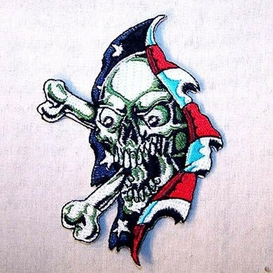 RIPPING AMERICAN SKULL EMB PATCH sew iron on P462 biker skeleton embroidered Image 1