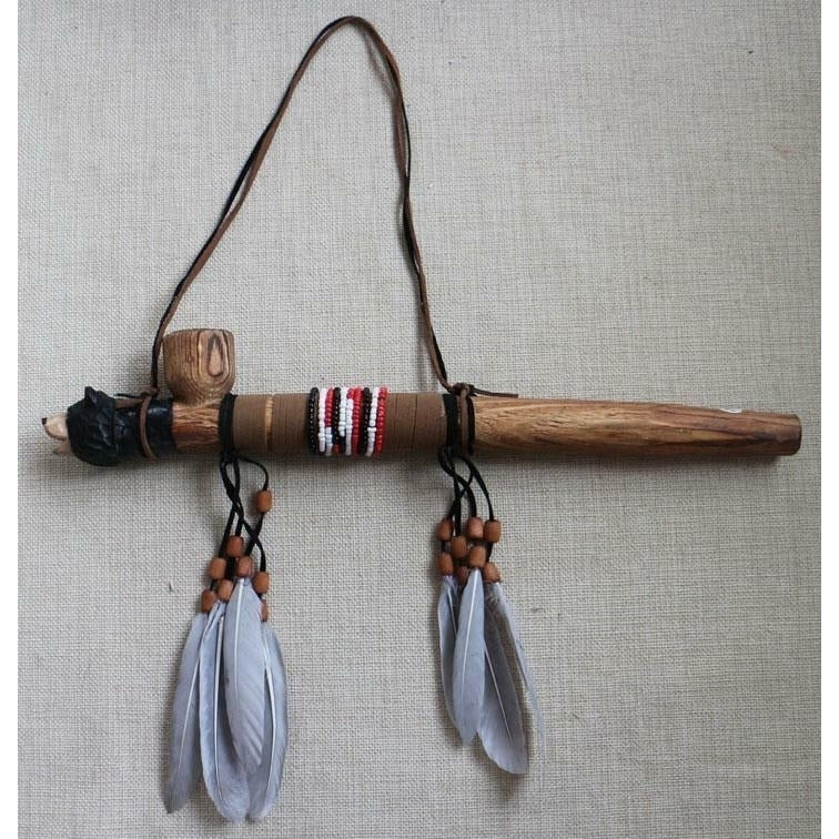 WOODEN BEAR PEACE PIPE W FEATHERS  beads wall decoration wild animal wood Image 1