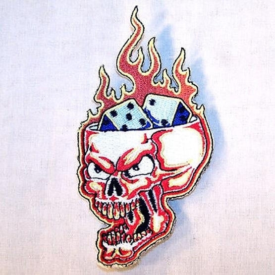 OPEN SKULL HEAD W DICE EMB PATCH sew or iron P350 BIKER novelty patches Image 1