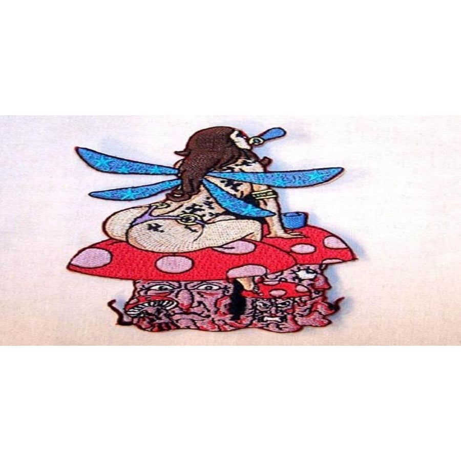 6 FAIRY ON SHROOM EMBROIDERED PATCH sew or iron P349 mushroom fairies patches Image 1