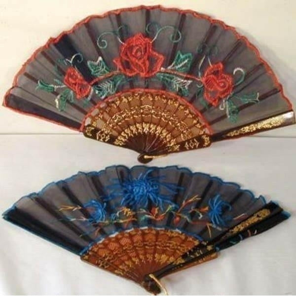 6 PC SILK EMBROIDERED FANS gift hand fan oriental decor folding  fold up cool Image 1
