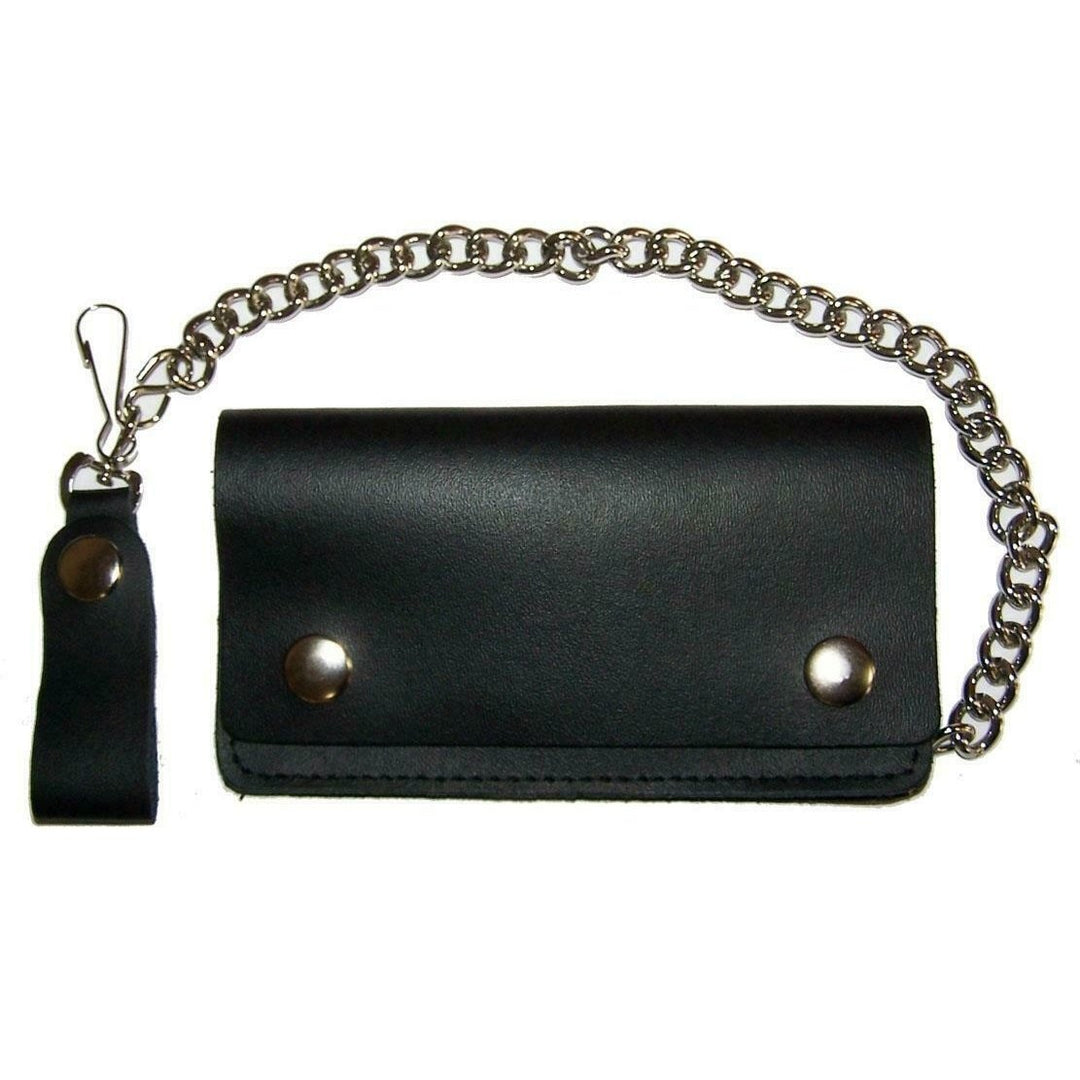 PLAIN SOLID BLACK 6 INCH TRUCKER WALLET W CHAIN mens LEATHER 674 BIKER Image 1