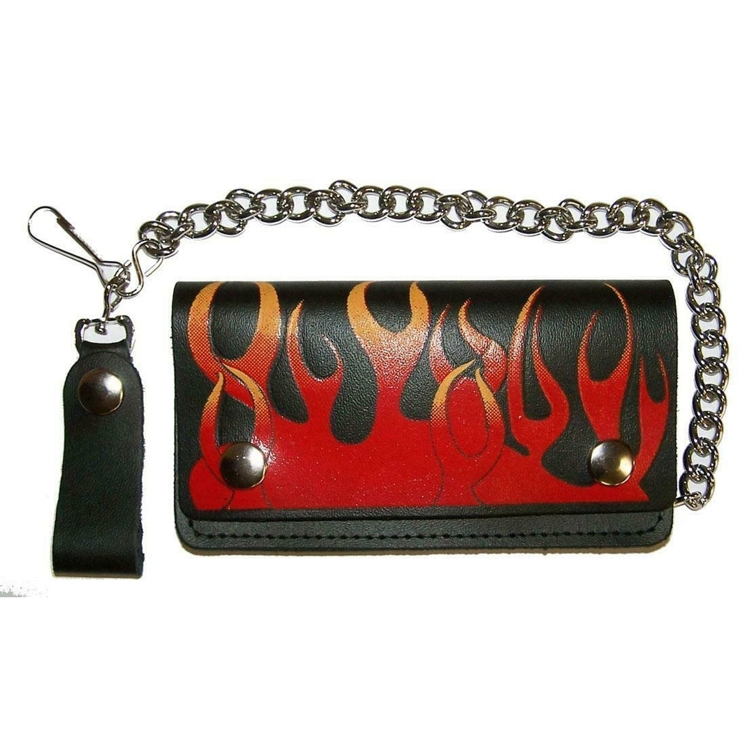 RED ORANGE FLAMES 6 INCH TRUCKER WALLET W CHAIN mens LEATHER 672 BIKER Image 1