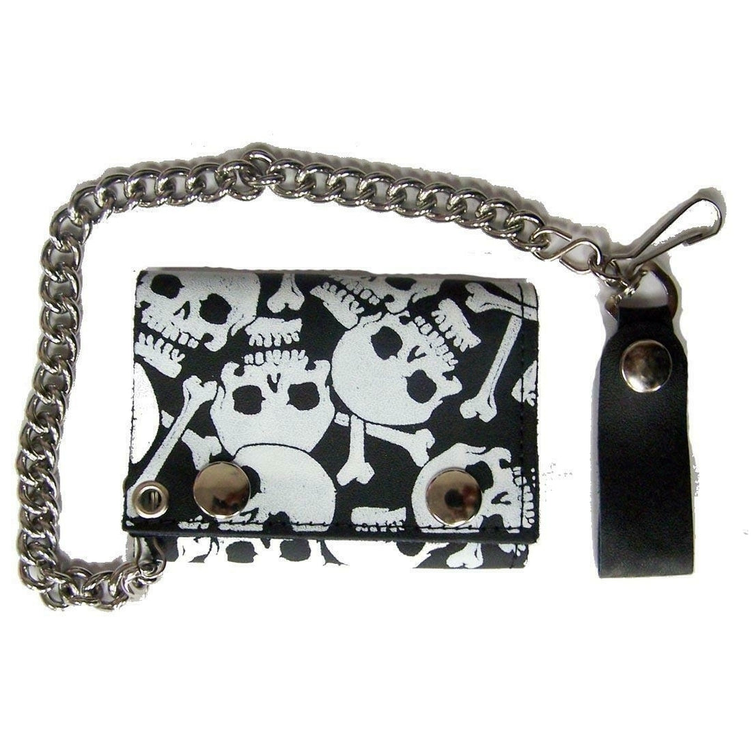 WHITER PILE OF SKULLS TRIFOLD BIKER WALLET W CHAIN mens LEATHER 617 cross bones Image 1