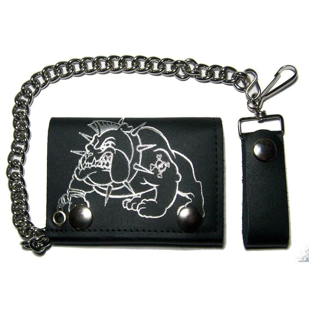 BULL DOG W COLLAR TRIFOLD WALLET W CHAIN mens LEATHER 667 BIKER bulldog spikes Image 1