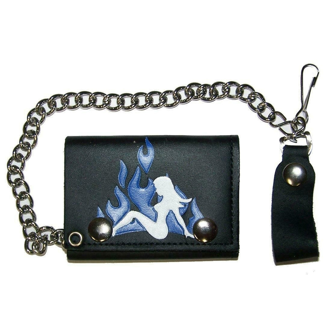 MUD FLAP GIRL BLUE FLAMES TRIFOLD BIKER WALLET W CHAIN mens LEATHER 643 BIKER Image 1