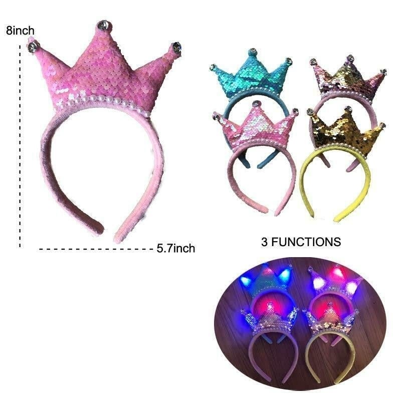 4 PACK LIGHT UP 3 FUNCTION SEQUIN PEARL PRINCESS CROWN HEADBAND party sparkle Image 1