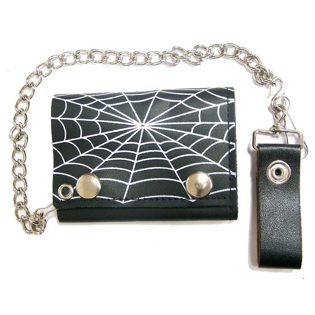 SPIDER WEB TRIFOLD BIKER WALLET W CHAIN mens LEATHER 607 spiders webbing Image 1