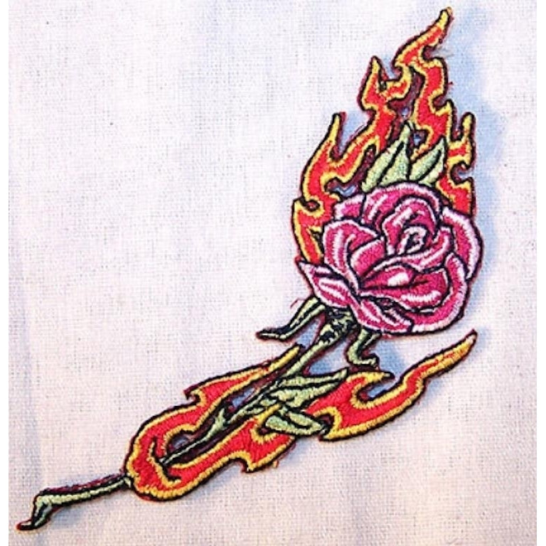 FLAMING ROSE EMBRODIERED PATCH jacket ladies biker P482  bikers novelty patches Image 1