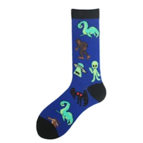 MYTHICAL CREATURE BLUE Unisex Crew Socks bigfoot lochness alien moth man novelty Image 1