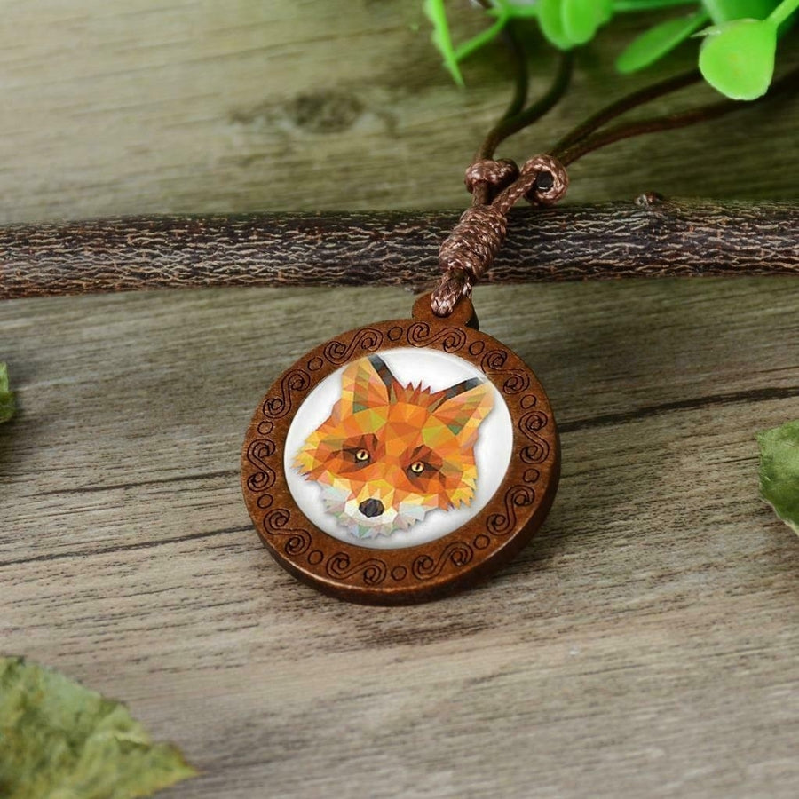 FOX Head Wood Prism 3D Like Animal Necklace On Adjustable Wax Rope Necklace 662 Image 1