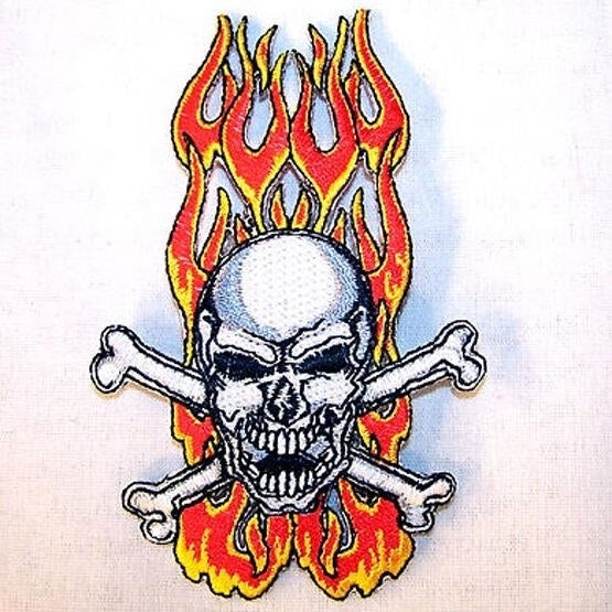 SKULL X BONES FLAMES EMB PATCH sew iron on P403 BIKER scull head novelty patches Image 1