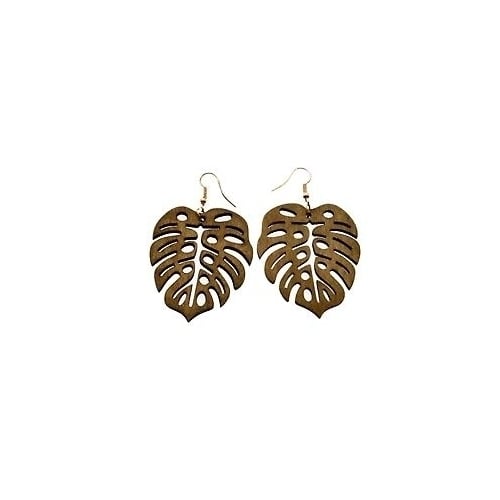 WOODEN MONSTERA LEAF DANGLE EARRINGS tropical plant wood jewelry JL697 EAR Image 1