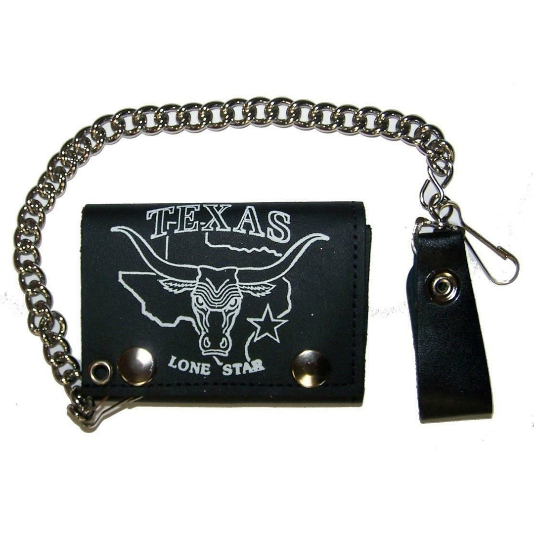 TEXAS LONE STAR bull TRIFOLD BIKER WALLET W CHAIN mens LEATHER 679 trucker Image 1