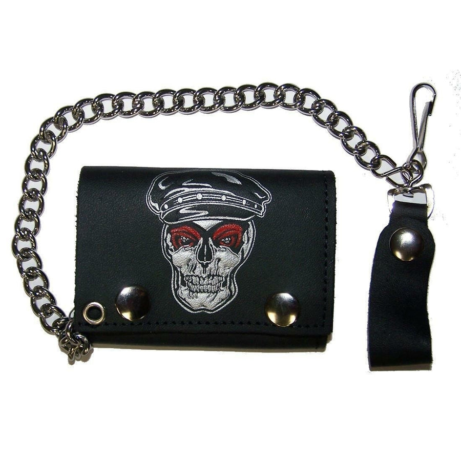 BIKER SKULL HEAD WITH HAT TRIFOLD BIKER WALLET W CHAIN mens LEATHER 649 BIKERS Image 1