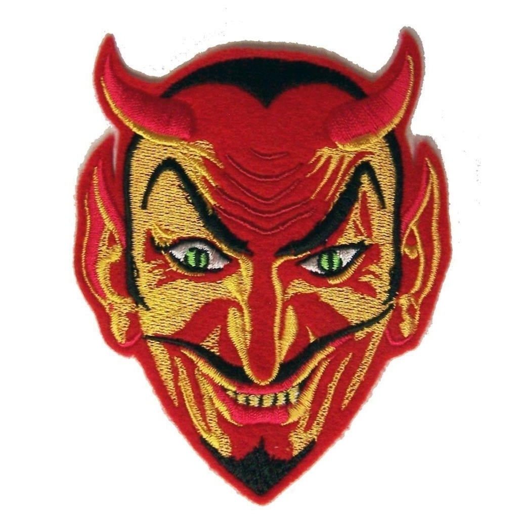 SMILING RED DEVIL FACE 4 1/2 INCH ARM PATCH P687 jacket patches LUCIFER EVIL Image 1